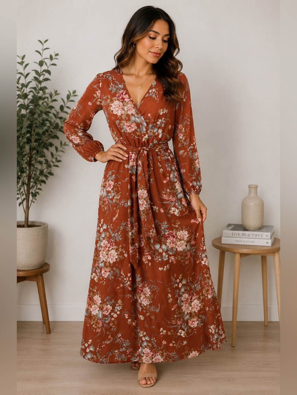 Floral Wrap Maxi Dress Size XL Brown Long Sleeve
